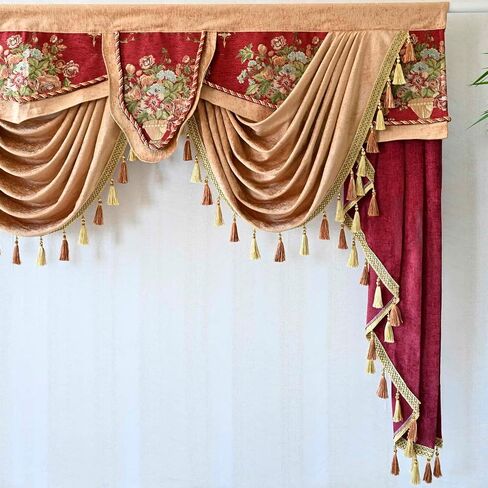 Luxury Brown Burgundy Floral Waterfall Swag Valance with Tassels for Living Room Bedroom Windows European Design Rod Pocket Top (200 cm, 1 Panel) in Saudi Arabia