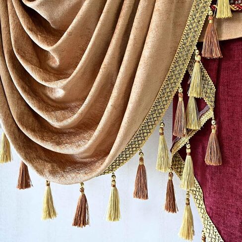 Luxury Brown Burgundy Floral Waterfall Swag Valance with Tassels for Living Room Bedroom Windows European Design Rod Pocket Top (200 cm, 1 Panel) in Saudi Arabia