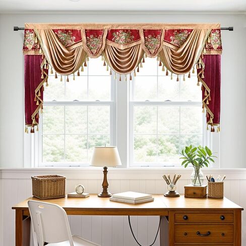 Luxury Brown Burgundy Floral Waterfall Swag Valance with Tassels for Living Room Bedroom Windows European Design Rod Pocket Top (200 cm, 1 Panel) in Saudi Arabia