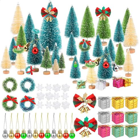 67 Pcs Miniature Sisal Frosted Christmas Trees Snowflake Bottle Brush Trees with Wood Base Mini Artificial Christmas Trees Set Tiny Christmas Balls Gift Box Wreath for Christmas Home DIY Decor Crafts in Saudi Arabia