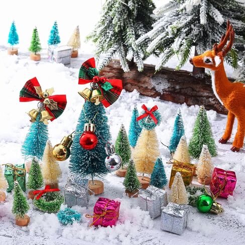 67 Pcs Miniature Sisal Frosted Christmas Trees Snowflake Bottle Brush Trees with Wood Base Mini Artificial Christmas Trees Set Tiny Christmas Balls Gift Box Wreath for Christmas Home DIY Decor Crafts in Saudi Arabia