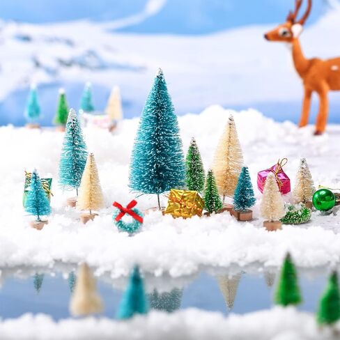 67 Pcs Miniature Sisal Frosted Christmas Trees Snowflake Bottle Brush Trees with Wood Base Mini Artificial Christmas Trees Set Tiny Christmas Balls Gift Box Wreath for Christmas Home DIY Decor Crafts in Saudi Arabia