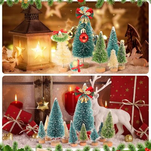 67 Pcs Miniature Sisal Frosted Christmas Trees Snowflake Bottle Brush Trees with Wood Base Mini Artificial Christmas Trees Set Tiny Christmas Balls Gift Box Wreath for Christmas Home DIY Decor Crafts in Saudi Arabia