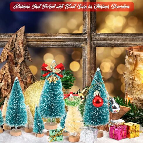 67 Pcs Miniature Sisal Frosted Christmas Trees Snowflake Bottle Brush Trees with Wood Base Mini Artificial Christmas Trees Set Tiny Christmas Balls Gift Box Wreath for Christmas Home DIY Decor Crafts in Saudi Arabia