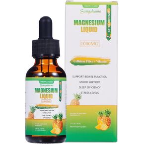 Magnesium Glycinate Liquid Drops, 1000mg Magnesium Liquid Supplement with Cellulose Fiber, Bromelain, Vitamin B6, C, D, Zinc, Non-GMO, Pineapple Flavor(1fl oz)