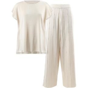Women 2 Piece Outfits Knit Pullover Tops High Waisted Pants Lounge Matching Tracksuits Sweatsuit Set