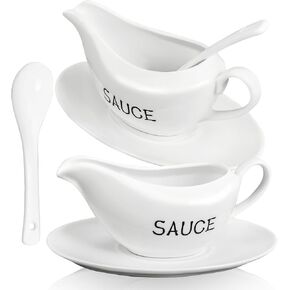2 Sets Gravy Boat Ceramic Sauce Boat 16OZ with Plates and Spoon for Salad Dressings, Creamer, Broth, Black Pepper Used at Weddings Parties Events Celebrations Birthdays Family Gatherings or Daily Use