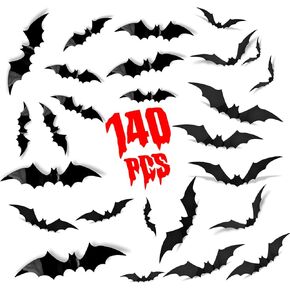 140PCS Halloween Bats Decoration, 5 Different Sizes Realistic PVC Black 3D Scary Bat Sticker for Home Decor DIY Wall Decal Bathroom Indoor Hallowmas Party Supplies