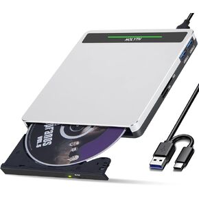 NOLYTH External CD/DVD Drive, USB 3.0/USB C CD Burner with SD/TF/2 USB Ports Full Aluminium Cover, Portable +/-RW DVD Player for Laptop PC Desktop Mac Windows Linux OS