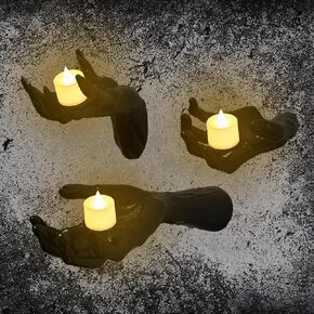 JIEFULL Pack of 3 Wall Mounted Creepy Reaching Hands with Lighted Candles for Scary Halloween Decorations, Life-Sized Horror Hands for Gothic Wall Decorations Indoor/Outdoor
