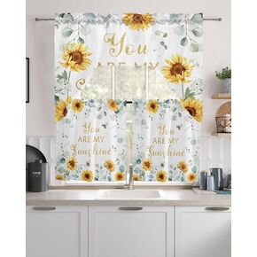 Eucalyptus Sunflower Swag Kitchen Curtain Sets with Valance,3 Pieces Rod Pocket Curtain Drapes for Bedroom Windows,Watercolor Floral Botanical Plant Farm Herb 56''x36'' & 36''x27.5''x2Panels
