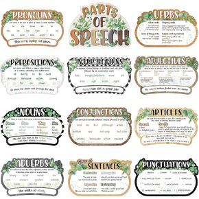 12 Pieces Parts of Speech Posters Boho English Grammar Chart Language Arts Bulletin Board Decor for Elementary Middle High School Teacher Educational Classroom Decoration Supplies