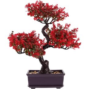 DOITOOL Home Decor Artificial Bonsai Tree, Red Small Fake Plants Decor, Indoor Faux Potted Plant Artificial Plants for Home Table Office Desk Bedroom Living Room Decor, 14 Height Office Decor