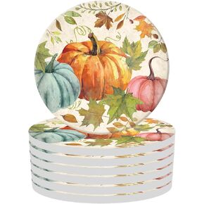 Whaline Fall Thanksgiving Coaster Set of 6 Watercolor Pumpkin Maple Leaves Drink Coaster Autumn Absorbent Natural Ceramic Coaster Harvest Cup Mat for Mugs Cups Home Kitchen Office Party Supplies
