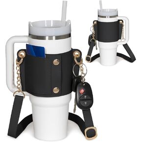 Leather Carrier Strap for Stanley 40 oz & 30 oz Tumbler with Handle |Water Bottle Holder with Adjustable Strap | Stanley Cup Accessories | Credit Card Holder | Keyring/Non-Slip Pad