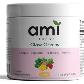 Ami Fitness Glow Greens Green Powder with Collagen- 30ct (Mango)