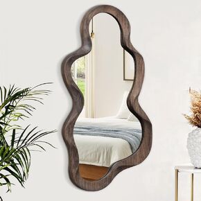 Large Asymmetrical Mirror Irregular Modern Cloud Wall Mirror Wood Frame Unique Artistic Wavy Mirror Wall Mounted Vanity Mirror Decorative for Living Room Bedroom Bathroom Entryway Hallway 30"x14"