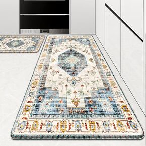 HappyTrends Boho Kitchen Mat 2PCS,Anti-Fatigue Kitchen Mats for Floor Cushioned Rug for Kitchen Decor Accessories,Waterproof Non-Slip Mats and Rugs Set for Office,Floor, 17.3"×30"+17.3"×47",Light Blue