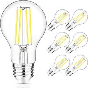 GGOYING 60W Equivalent E26 LED Bulb Dimmable, 850LM LED Edison Bulbs Daylight White 5000K, 6W A19 Filament Light Bulb, Classic Clear Glass, 6-Pack