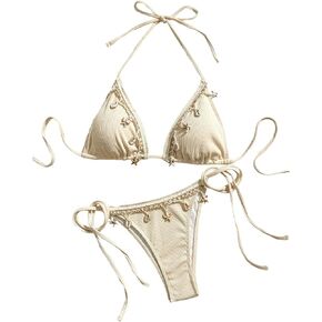 Verdusa Women's 2 Piece Halter Triangle Bathing Suit Ribbed Bikini Swimsuits