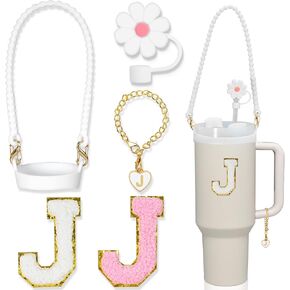 JUNYANG Water Bottle Handle Accessory, with Water Bottle Lanyard, Stanley Straw Cover, Chenille Letter Sticker & Letter Charms, Stanley Water Cup Accessories, Suitable for Water Bottles Up to 40oz