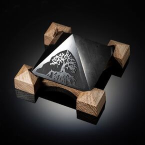 Shungite Pyramid with Wooden Energy Stand and Tree of Life Symbol - Unique and Powerful Tool for Home or Office