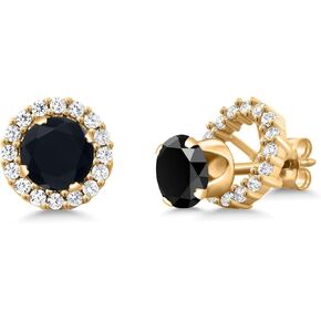 Gem Stone King 18K Yellow Gold Plated Silver Black Onyx Removable Jacket Stud Earrings For Women (1.60 Cttw, Gemstone Birthstone, Round 6MM)