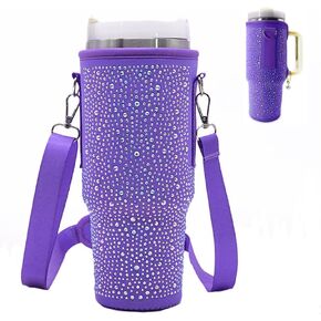 Bling Water Bottle Carrier Bag Compatible with Stanley 40/30 oz, Water Bottle Holder, Sparkling Diamond Water Cup Holder with Adjustable Strap, Letter Charms for Stanley Cup Accessories (Purple Bling)
