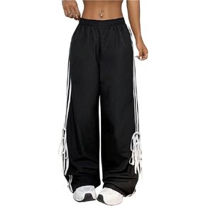 MakeMeChic Women's Striped Elastic Waist Wide Leg Tie Baggy Jogger Cargo Pants Workout Trousers