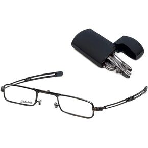Calabria Mini Metal Folding Reading Glasses Corning Glass Lens Mens Womens Pocket Readers Travel Foldable Flip Top Hard Case