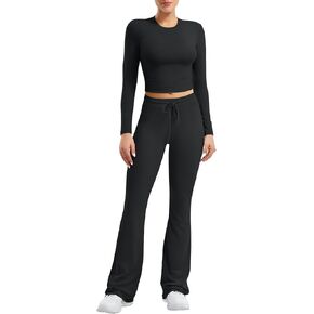 YEOREO Two Piece Sets for Women Long Sleeve Tops Drawstring Wide Leg Pants Matching Set Ava Tracksuits Loungewear