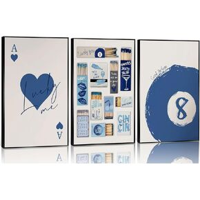 Blue Vintage Matchbox wall art lucky Trendy Red Hearts Playing Wall decor pictures Card Pool Ball Paintings Aesthetic canvas posters prints for girl dormitory apartment Home Decoration Unframed (blue 12x16in poster)