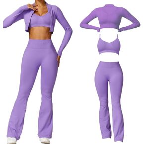 Women's 3 Piece Workout Sets, Seamless High Waist Flare Leggings Sports Bra and Zip Jacket