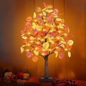 2FT Fall Lighted Eucalyptus Tree, 24 Inch Light Up Tabletop Artificial Tree with 36 LED Lights, 108 Leaves, Timer Battery Operated Fall Tree for Autumn Harvest Thanksgiving Home Decorations (2 Pack)