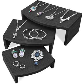 MOOCA 3-Piece Wooden Jewelry Display Risers - Multi-Function Retail Stands for Rings, Watches, Necklaces, Bracelets, and More - Various Heights, Black Color