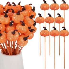 Suzile 60 Pcs Fall Pumpkin Floral Picks Glitter Pumpkin Stems Thanksgiving Halloween Foam Picks Fall Decorations for Home Autumn Harvest Party for Vases Table Centerpiece Floral Arrangement
