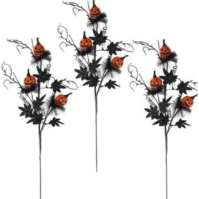 3 Pack Halloween Branches Picks Stems Glitter Fake Twig with Pumpkin Berries Black for Vases Haunted House Gothic Floral Decor Artificial Berry Stems for Vase (A) in Kuwait
