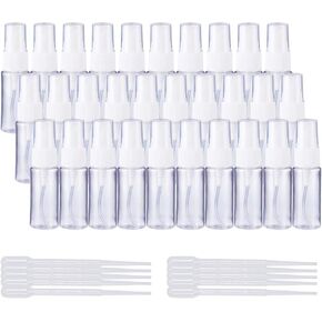 BENECREAT 30 Pack 20ml Fine Mist Spray Bottles Travel Size Bottles Travel Essentials Cosmetic Sample Bottles with 10pcs Plastic Pipettes for Perfume, Essential Oils, Toner