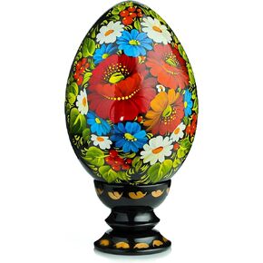 UA Creations Hand Painted Pysanka Lacquer Wooden Egg on Holder, Large Fancy Petrykivka Ethnic Style Easter Souvenir from Ukraine in a Gift Box, Jumbo Size (Black Red and White)