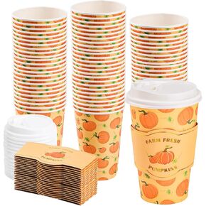 48 Pack 16 oz Fall Disposable Coffee Cups with Lids and Sleeves Autumn Pumpkin To Go Paper Coffee Cups Beverage Drinking Cups for Harvest Thanksgiving Party Restaurant Travel Business Supplies