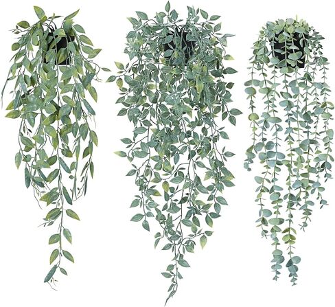 CEWOR 6pcs Artificial Hanging Plants Fake Hanging Plant Faux Potted Greenery Eucalyptus Vine, Bamboo Leaves, Pothos, String of Pearls, Pea Pods for Home Wall Shelf Indoor Decor, Grayish Green in Saudi Arabia
