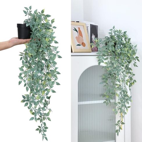 CEWOR 6pcs Artificial Hanging Plants Fake Hanging Plant Faux Potted Greenery Eucalyptus Vine, Bamboo Leaves, Pothos, String of Pearls, Pea Pods for Home Wall Shelf Indoor Decor, Grayish Green in Saudi Arabia