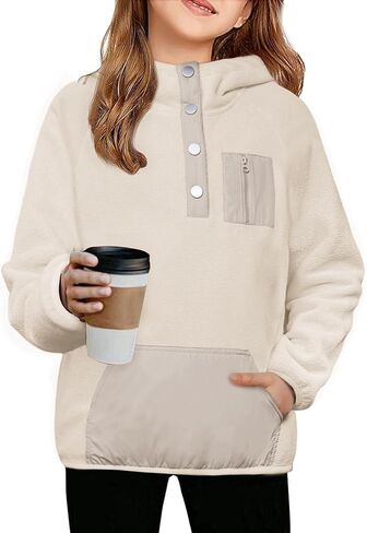 Arshiner Girls Fleece Pullover Hooded Sweatshirt Colorblock Sherpa Hoodie for Teen Girl Winter Button Jacket Coat with Pocket in Kuwait