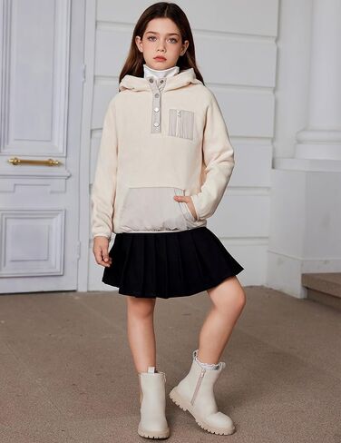 Arshiner Girls Fleece Pullover Hooded Sweatshirt Colorblock Sherpa Hoodie for Teen Girl Winter Button Jacket Coat with Pocket in Kuwait