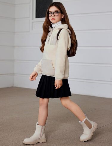 Arshiner Girls Fleece Pullover Hooded Sweatshirt Colorblock Sherpa Hoodie for Teen Girl Winter Button Jacket Coat with Pocket in Kuwait
