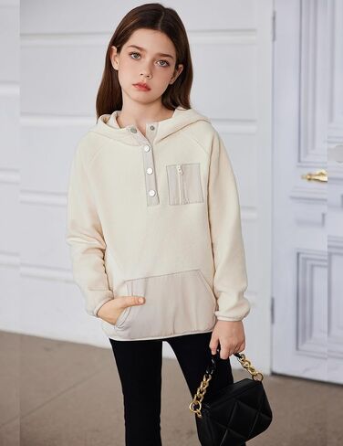 Arshiner Girls Fleece Pullover Hooded Sweatshirt Colorblock Sherpa Hoodie for Teen Girl Winter Button Jacket Coat with Pocket in Kuwait