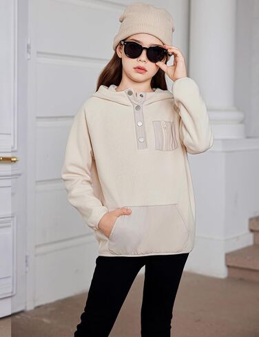 Arshiner Girls Fleece Pullover Hooded Sweatshirt Colorblock Sherpa Hoodie for Teen Girl Winter Button Jacket Coat with Pocket in Kuwait