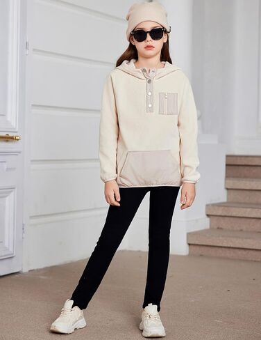 Arshiner Girls Fleece Pullover Hooded Sweatshirt Colorblock Sherpa Hoodie for Teen Girl Winter Button Jacket Coat with Pocket in Kuwait