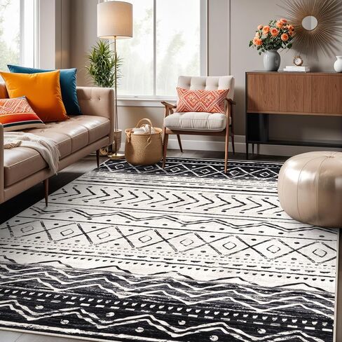 6x9 Rug for Living Room - Black Washable Area Rugs Non-Slip Soft Area Rugs for Bedroom Ultra-Thin Stain Resistant Rugs for Dining Room, Moroccan Print Indoor Rug for Office (Black, 6'x9') in Saudi Arabia