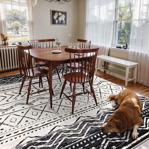 6x9 Rug for Living Room - Black Washable Area Rugs Non-Slip Soft Area Rugs for Bedroom Ultra-Thin Stain Resistant Rugs for Dining Room, Moroccan Print Indoor Rug for Office (Black, 6'x9') in Saudi Arabia